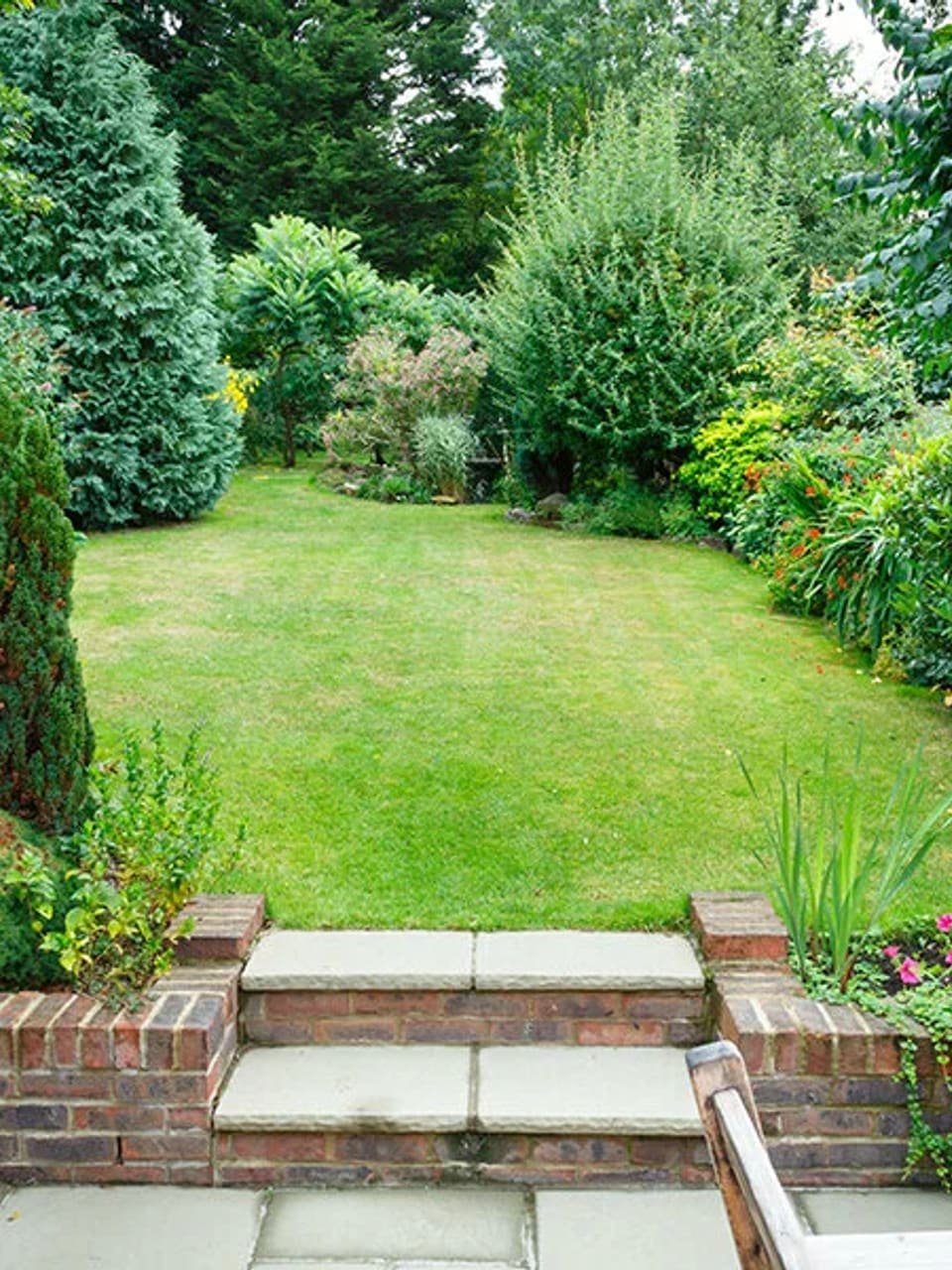 Landscaped backyard with lawn and patio